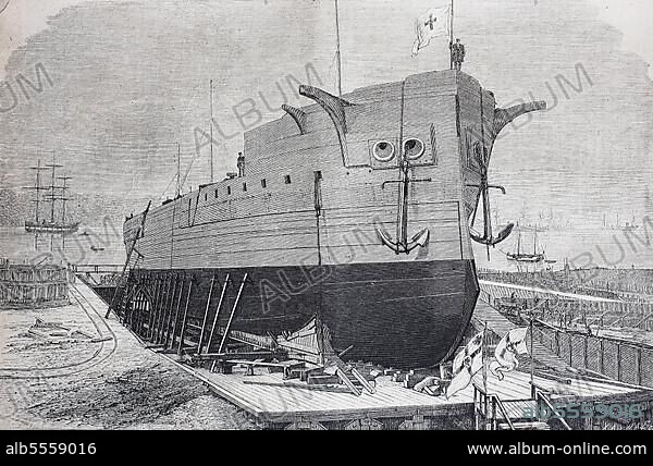 Das Panzerschiff Friedrich der Große auf dem Stapel in der Werft von Kiel, Deutschland, History, digitale Reproduktion einer Originalvorlage aus dem 19. Jahrhundert.