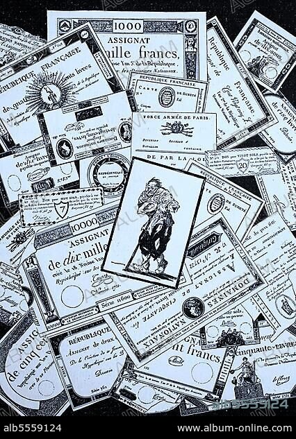 Assignats waren Papiergeld, 1789 bis 1796 während Französischen Revolution ausgegeben wurde. Digitale verbesserte Reproduktion eines Originaldrucks 1880, das von der Nationalversammlung in Frankreich.