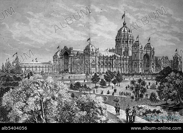 Main building of the World's Fair International Exhibition of Arts, in Melbourne, 1880, Australia, historical illustration, circa 1886, Oceania.