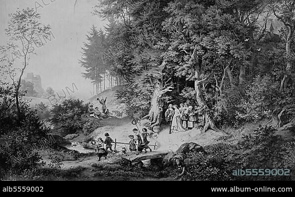 Brautzug im Frühling, nach einem Gemälde von Ludwig Richter, Historisch, digitale Reproduktion einer Originalvorlage aus dem 19. Jahrhundert, Originaldatum nicht bekannt.