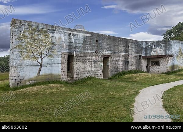 Camouflage painting on rear of gun casemate, artillery bunker of WWII Batterie d'Azeville Battery, part of German Atlantic Wall, Normandy, France, Europe.
