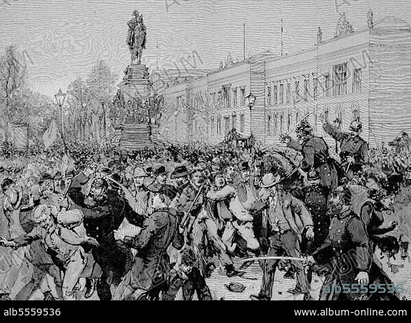 Die Straßenunruhen in Berlin, hier in der Straße Unter den Linden, am 26. Februar 1892, Historisch, digitale Reproduktion einer Originalvorlage aus dem 19. Jahrhundert.