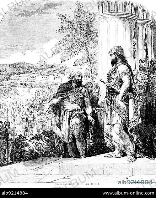 Hiram's Envoy to David, King to Thyrus, Messenger, Cedar, Mason, Carpenter, Building a House, Crowd, Warrior, Weapons, Bible, Old Testament, First Book of Chronicles, Chapter 14, Verse 1, historical illustration c. 1850