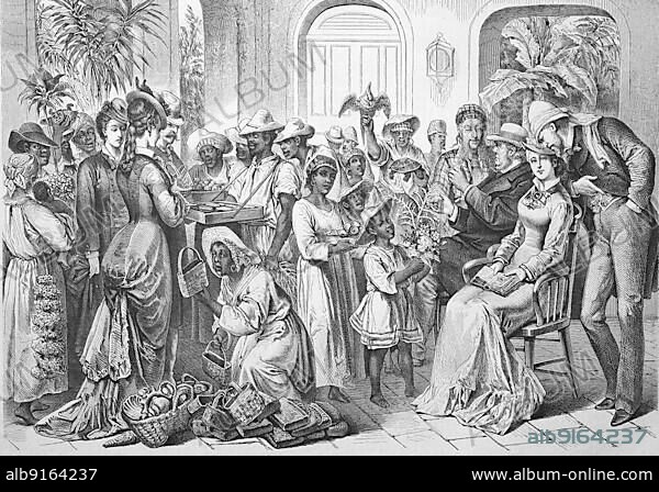 Curiosity seller, market and flea market in Havana, Cuba, Historic, historical, digitally improved reproduction of an original from the 19th century, digitally restored reproduction of an original from the 19th century, exact original date not known, Central America.