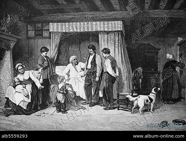 A last word of advice from his sickbed and deathbed, the old man has once again summoned up his life forces to warn and admonish his son. The family stands around the bed, Historical, digital reproduction of an original from the 19th century.