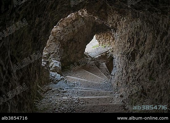 Rock tunnel, WWI open-air museum, long steep tunnel leading through the Lagazuoi Falzarego mountain, Dolomites, Veneto, Veneto, Italy,, Europe.