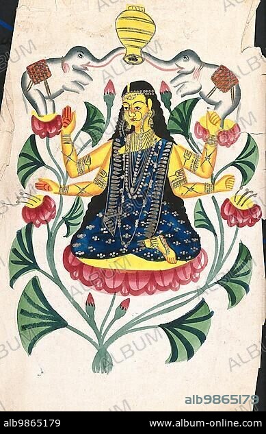 Lakshmi, the Hindu goddess of happiness, love, fertility, prosperity, health and beauty, seated on a lotus and supported by two elephants, 1890, East India, Bengal, Kolkata, Kalighat Temple, Historic, digitally restored reproduction from a 19th century original.