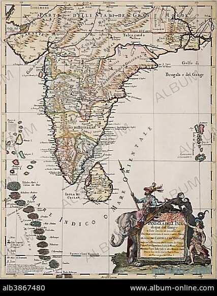 India, Ceylon and the Maldives, handcoloured copper engraving, historical map of Giacomo Cantelli da Vignola, published in Mercurio Geografico by Giovanni Giacomo de Rossi, Rome, 1683, Asia.