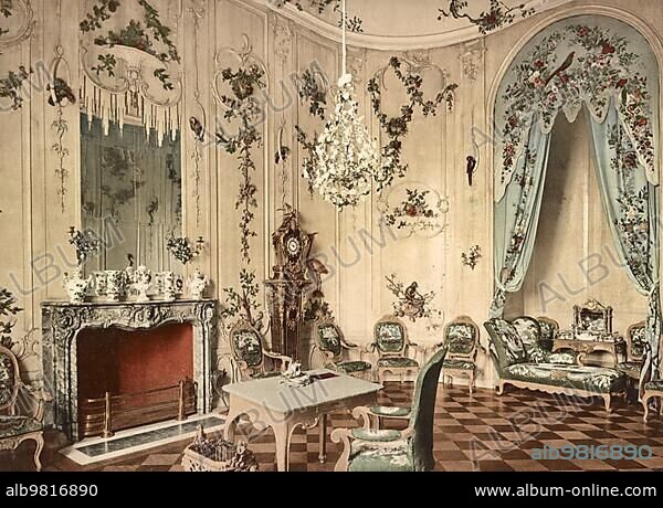 The Voltaire Room in Sanssouci Palace in Potsdam; Brandenburg; Germany; c. 1900; Historic; digitally restored reproduction of a photochromic print from the period; Europe.