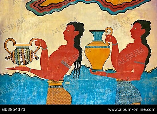 Arthur Evans reconstruction of Procession frescoes of the South Propylaeum of Knossos Minoan archaeological site, Crete, Greece, Europe.