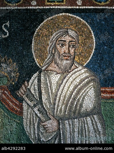 Basilica San Vitale in Ravenna (Italy). Detail of the mosaic of the bezel (ecoincon on the top right): figure of the prophet Isaiah. 6th century.. Its construction was begun by Bishop Ecclesius in 527, and completed in 548 by the twenty-seventh Bishop of Ravenna, Maximianus.
