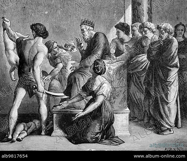 King Solomon's Judgment; First Book of Kings; Chapter 3; Verses 5-28; Old Testament; Bible; Solomonic; Solomon; piety; wisdom; woman; two infants; infants; interior; group; sword; son; death; mothers; bisect; plead; justice; historical illustration 1890.