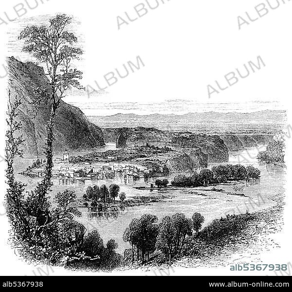 Historical drawing, US-American history, 17th century, view of the Potomac river and a settlement, around 1640, Virginia, USA, North America.