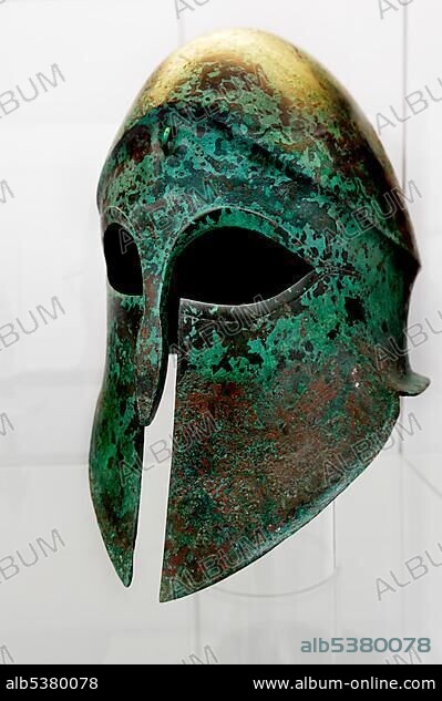 Corinthian helmet around 500 B.C.E., Antique collection, Koenigsplatz, Munich, Bavaria, Germany, Europe.