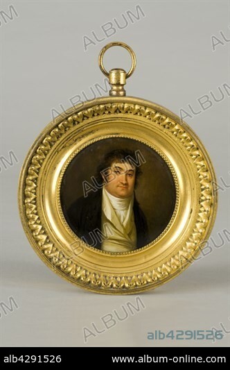 Gérard Marguerite (1761-1837). French School. 'Gentilhomme en redingote' (Gentleman in frock coat). Private collection. Head and shoulders portrait, facing us. Round miniature signed on the lower right. Frame in gilded engraved bronze.