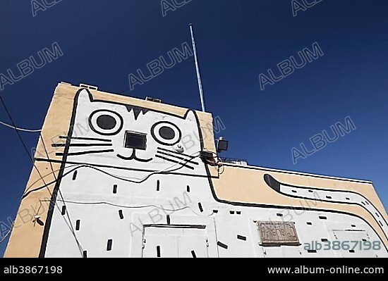 Cat, painted on house wall, graffiti, St. Elmo Bay, Valletta, Malta, Europe.