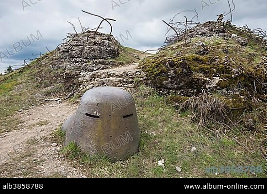 Observation tower with observation slits, bullet holes in a steel shell, destroyed area, Fort de Vaux, Memorial and Museum, Battlefield of Verdun, First World War, Verdun, Grand Est, France, Europe.