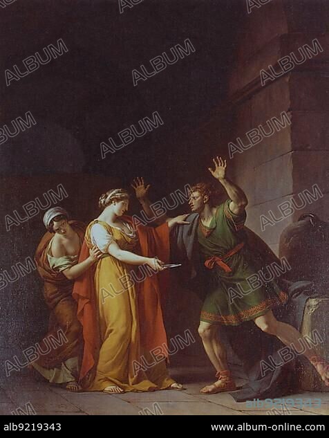 Arria and Paetus, Aulus Caecina Paetus was a Roman politician and senator, In 42 Caecina Paetus took part in the conspiracy of Scribonianus against Emperor Claudius and was sentenced to death for it. His woman Arria wanted to encourage him by plunging a dagger into his own chest, Painting by Francois Vincent, Historical, digitally restored reproduction of a 19th century original, exact date unknown.