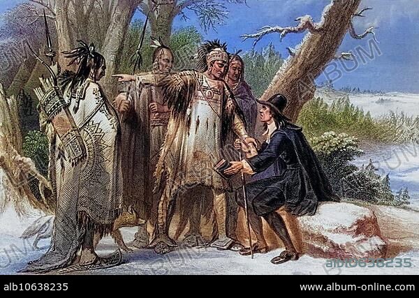 Roger Williams, taken up by the Narragansetts Roger Williams, c. 1603, 1683 English essayist, clergyman, pamphleteer and religious writer, founder of the colony of Rhode Island, Historical, digitally restored reproduction from a 19th century original, Record date not stated.