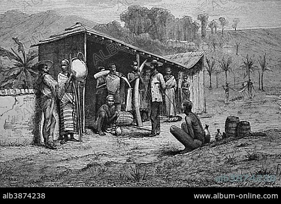 Ivory traders on the west coast of Africa, historical woodcut, circa 1870.