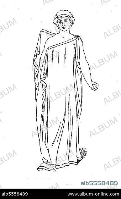 Frau in einem Chiton Kleid, im antiken Griechenland das von Männern und Frauen unmittelbar am Körper getragene Unterkleid, Historisch, digitale Reproduktion einer Originalvorlage aus dem 19. Jahrhundert.