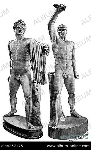The ancient group of statues is called a tyrant murderer, represented Harmodios and Aristogeiton, 514 BC, woodcut, Greece, Europe.