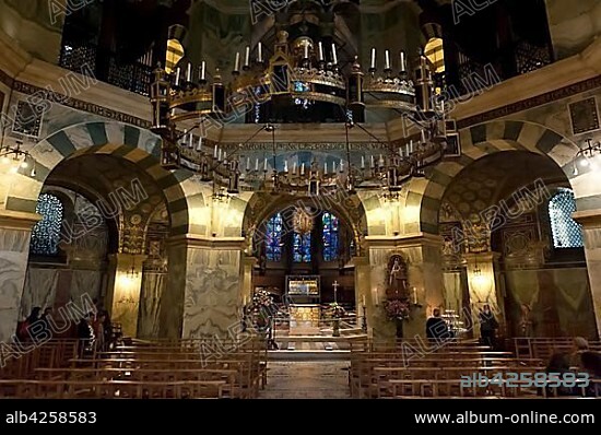 Interior with altar, central building, octagon and hexagon, Palatine chapel, Aachen cathedral, Aachen, North Rhine-Westphalia, Germany, Europe.