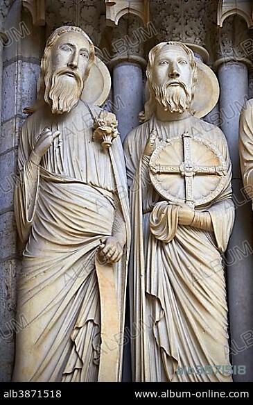 Gothic statues, Isaiah and Jeremiah, north porch, central portal, circa 1194-1230, Cathedral of Chartres, UNESCO World Heritage Site, France, Europe.