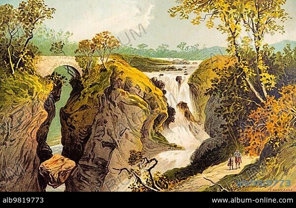 Rumbling Bridge; Falls of the Braan near Dunkeld; stone bridge; gorge; waterfall; walker; kilt; trees; historical illustration 1889; Scotland; Great Britain.