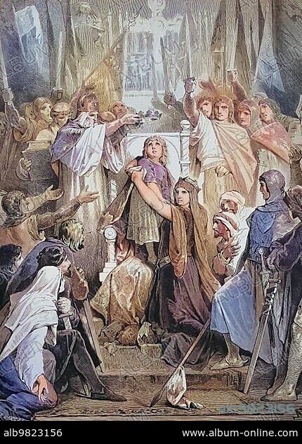 Frederick II (26 December 1194) (13 December 1250) was an emperor of the Holy Roman Empire and King of Sicily. Coronation in the Cathedral of Palermo; Sicily; Italy; Historical; digitally restored reproduction of a 19th century original; Europe.