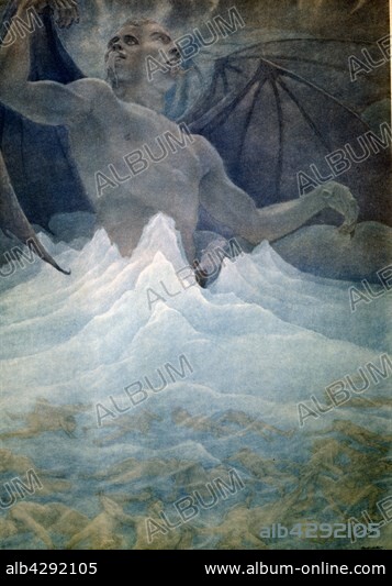 Amos Nattini (1892-1985), "The Divine Comedy" by Dante Alighieri (1265-1321). Inferno, Canto XXXIV, Circle 9, Round 4, Judecca (Giudecca), and the Center of Hell. The sinners are fully encapsulated in ice. The three supreme traitors of the Church and the Empire (Judas, Brutus and Cassius) are eaten by Lucifer, who has 3 mouths.. private collection.. In 1921, for Dante Aligheri's 600th anniversary of death, the Istituto Nazionale Dantesco chose Amos Nattini to illustrate The Divine Comedy. The illustrations have been published in 1923.