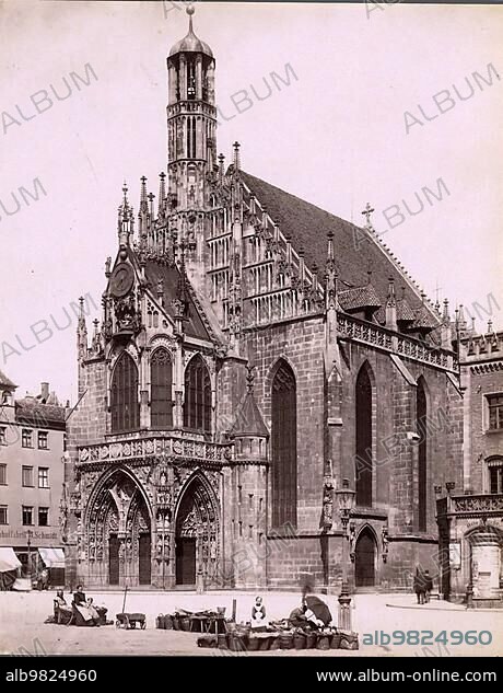 Friedenskirche; Roman Catholic Church of Our Lady; on the Main Market Square in Nuremberg; c. 1890; Bavaria; Germany; Historic; digitally restored reproduction from a 19th century original; Europe.