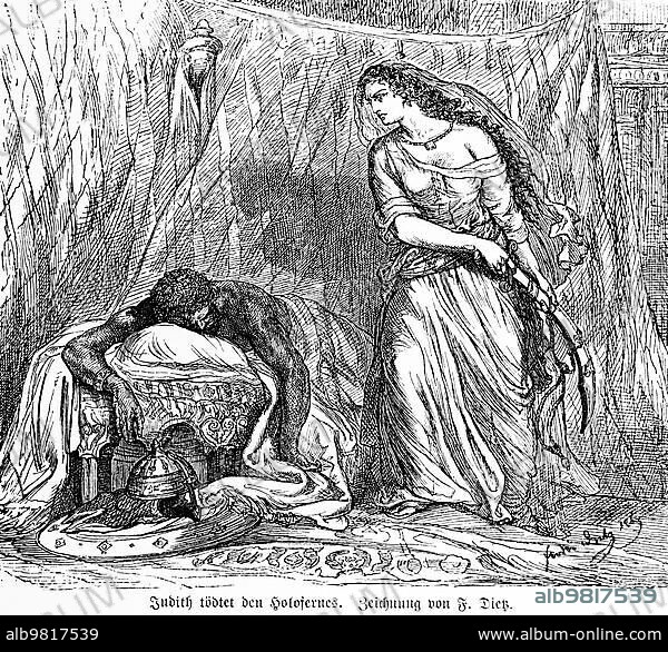 Widow Judith kills the victorious Assyrian commander Holofernes; room; curtain; table; sword; murder; anger; hatred; rage; violence; important woman; BC history; biblical history; Old Testament; historical illustration 1894.