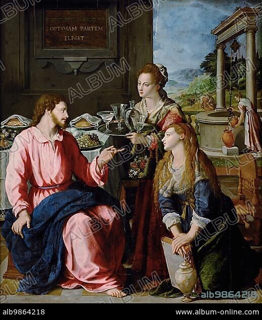 Christ with Mary and Martha, painting by Alessandro Allori, Historic, digitally restored reproduction from a 19th century original.