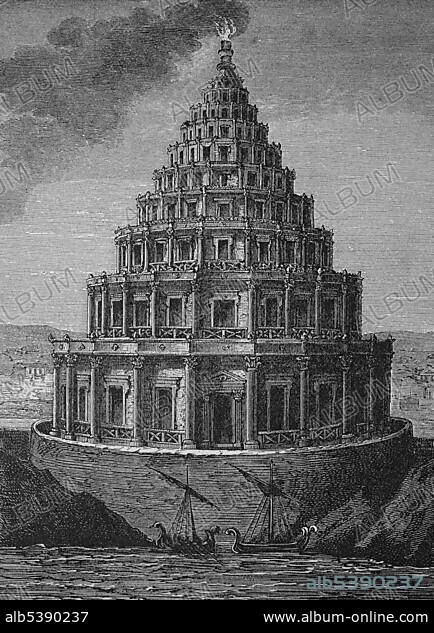 Lighthouse of Pharos, one of the seven wonders of the ancient world, Alexandria, Egypt, historical woodcut, circa 1870, Africa.