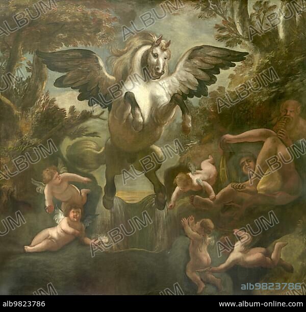 Pegasus; a winged horse; in Greek mythology the child of the sea god Poseidon and the Gorgon Medusa; Painting by Jacob Jordaens; Historical; digitally restored reproduction of a historical work of art.