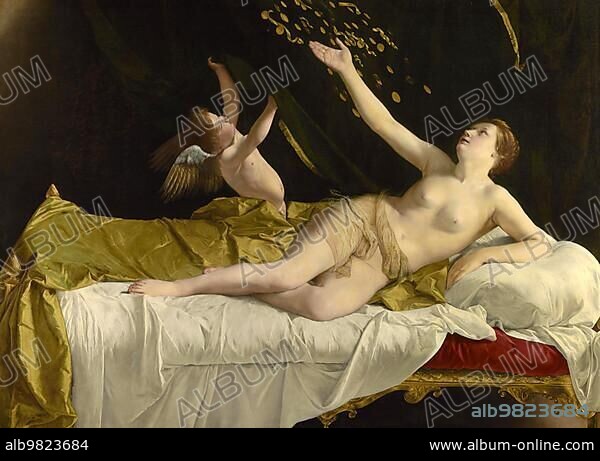 Danaë and the Golden Shower; Golden Rain; Danae; in Greek mythology the daughter of Acrisius; mistress of Zeus; Painting by Orazio Gentileschi; Historical; digitally restored reproduction from a 19th century original.