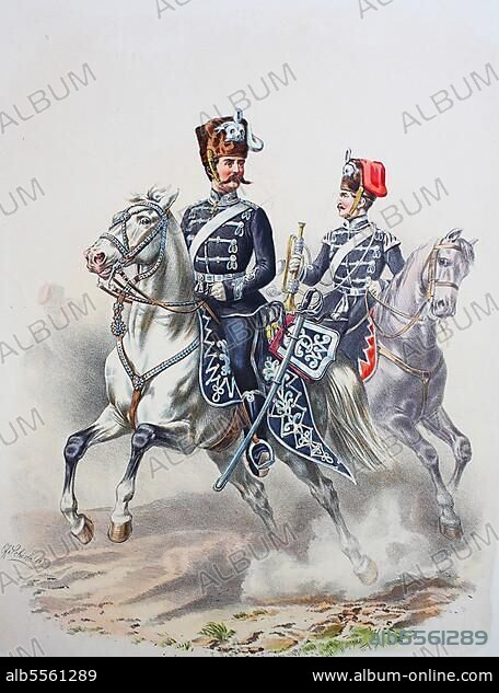 Prussian Army, Prussian Guard, Leib Hussar Regiment, Officer, Trumpeter, Army Uniform, Military, Prussia, Germany, Digitally restored reproduction of a 19th century original, Europe.
