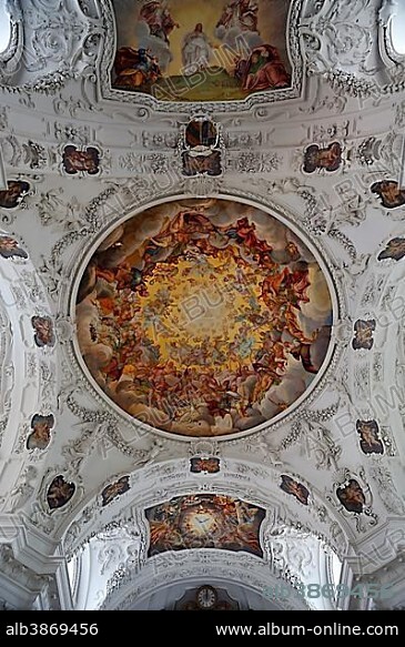 Baroque vault with frescoes by Hans Georg Asam, Parish Church of St. Quirinus, Tegernsee, Upper Bavaria, Bavaria, Germany, Europe.