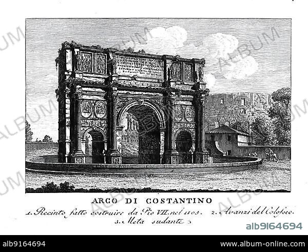 Arco di Costantino, Arch of Constantine, three-arched triumphal arch in Rome, Italy, digitally restored reproduction from Vedute principali e piu interessanti di Roma by Giovanni Battista, 1799, Europe.
