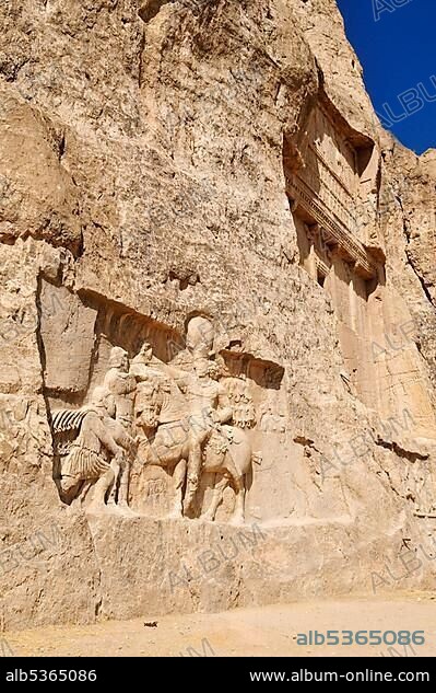 Historic Sassanid relief of the triumph of King Shapur I. over the Roman Emperor Valerian and Philip the Arab and tomb of King Darius, Dareios I. at the Achaemenid burial site Naqsh-e Rostam, Rustam near the archeological site of Persepolis, UNESCO World Heritage Site, Persia, Iran, Asia.