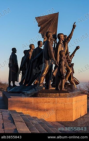 Buchenwald Memorial, figure group by Fritz Cremer, in the evening light, Ettersberg, Weimar, Thuringia, Germany, Europe.