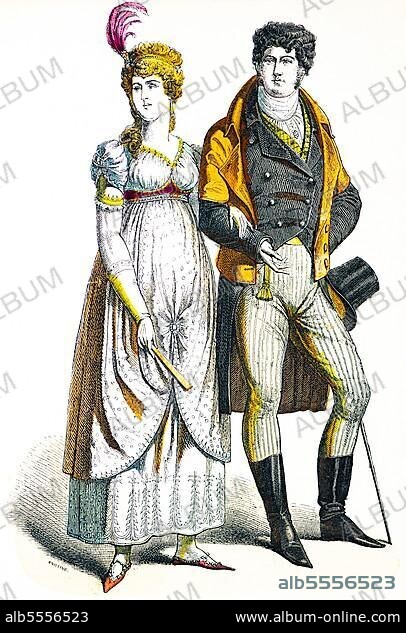 Münchener Bilderbogen, Kostüme, Ende 18. Jahrhundert, Deutsche Tracht um 1800, Deutschland, Robe, zwei Personen, Mann, Frau, Porträt, historische Illustration 1890.