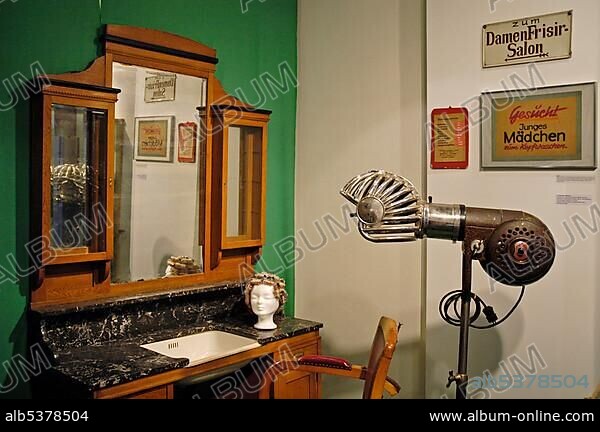 Historical working place, barber, Westphalian Open-Air Museum Hagen, Road of Industry Culture, North Rhine-Westphalia, Germany, Europe.