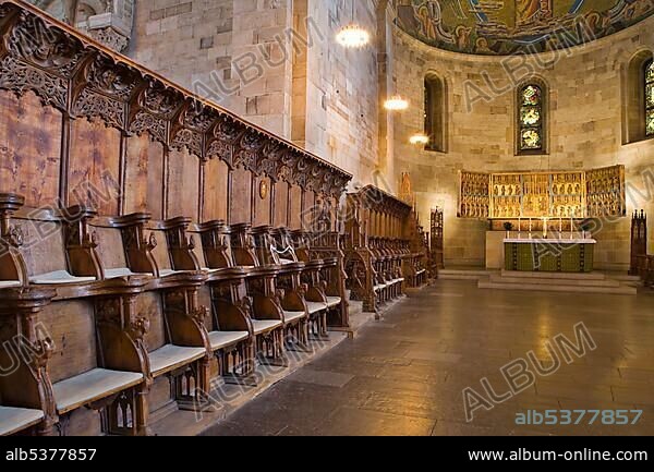 Choir stalls at Lund Cathedral, twelfth-century Romanesque architecture, Lund, Scania, Sweden, Scandinavia, Europe.
