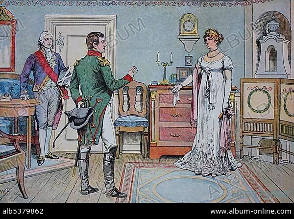 Duchess Louise of Mecklenburg-Strelitz, Luise Auguste Wilhelmine Amalie, 1776-1810, Queen of Prussia, KÃ¶nigin Luise von Preussen, conversation with Emperor Napoleon I. in Tilsit, July 1807, historical illustration, Germany, Europe.