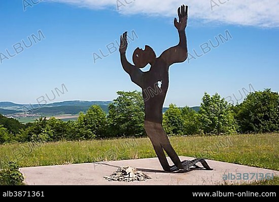 Installation "Shot on the run" artist Herbert Fell, Skulpturenpark Deutsche Einheit sculpture park of German Unity, Henneberg, Thuringia, Germany, Europe.