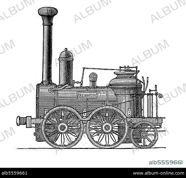 Lokomotiven aus dem 19. Jahrhundert: die Lokomotive Saxonia, gebaut, 1838, digital restaurierte Reproduktion einer Originalvorlage, erstmals in Deutschland.