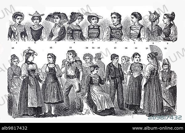Folk costumes from Switzerland; 1.Ticino; 2. Vaud; 3. Fribourg; 4. Simmental; 5. Solothurn; 6. Lucerne; 7. Basel; 8. Simmental; 9. Schaffhausen; 10. Glarus; 11. Emmental; 12-13. Giggisberg; 14. Zug; 15. Valais; 16. Bern; 17-21. Appenzell; 19. Unterwalden; Historical; digitally restored reproduction from a 19th century original.