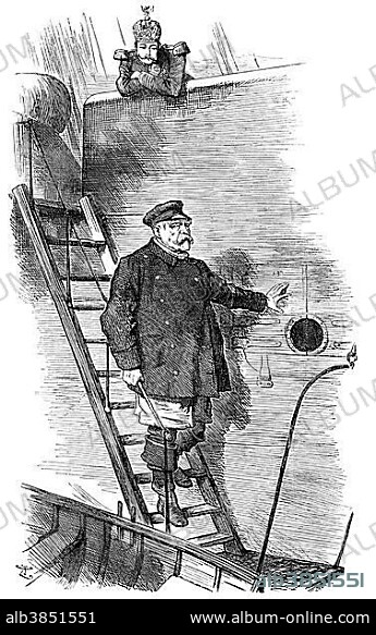 The Punch cartoon "Dropping the Pilot" or "The pilot leaving the ship" by Sir John Tenniel about dismissal of the German Chancellor Otto von Bismarck in 1890, historical illustration.